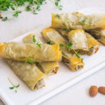 Vegan phyllo rolls with creamy sweet potato ans spinach filling